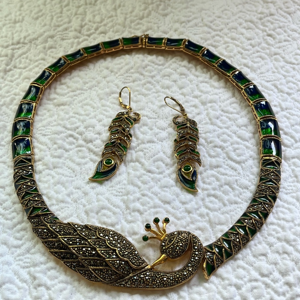 Marcasite Enamel Peacock necklace with Matching earrings bundle